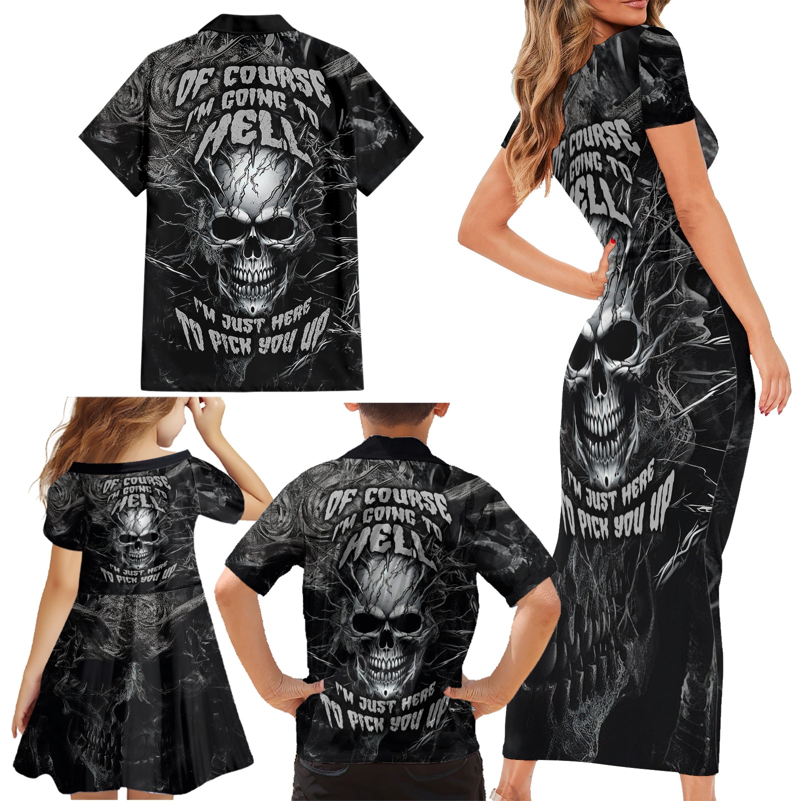 Horror Skull Family Matching Short Sleeve Bodycon Dress and Hawaiian Shirt Of course i'm going to hell i'm just here to pick you up - Wonder Print Shop