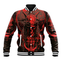 Red and black baseball jacket with front demon skull graphic, snap buttons, ribbed hem