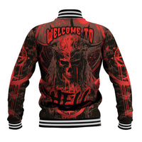 Red and black baseball jacket with back demon skull graphic and striped ribbed collar