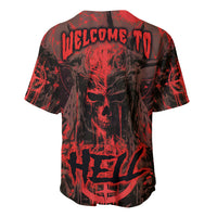 Red and black baseball jersey with skull graphic and dark "WELCOME TO" text
