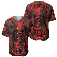 Red and black baseball jersey with front and back skull prints and "WELCOME TO" text