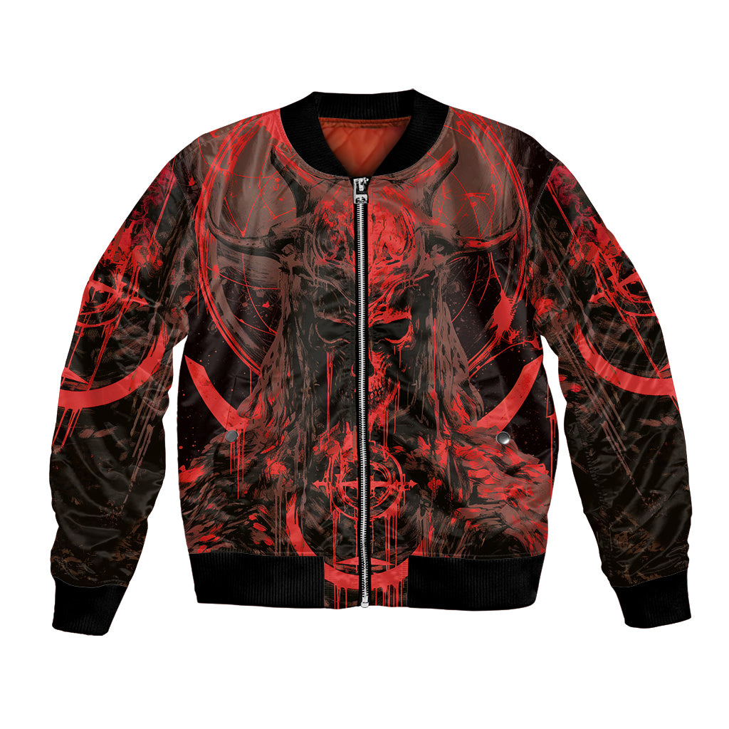 Unisex bomber jacket with red/black demonic skull art, zip-front and ribbed cuffs