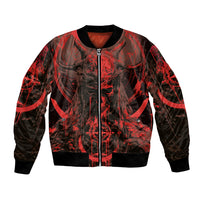 Unisex bomber jacket with red/black demonic skull art, zip-front and ribbed cuffs