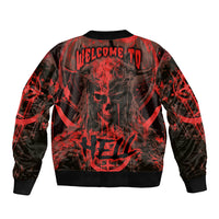 Unisex bomber jacket with red and black skull graphic, ribbed collar and hem