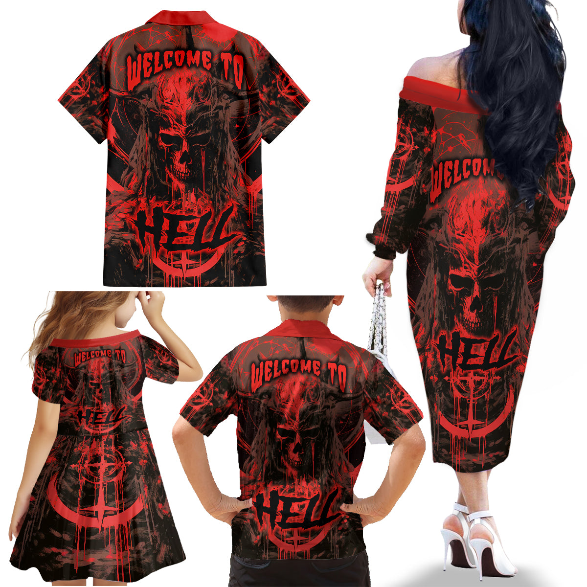 Demon Skull Family Matching Off Shoulder Long Sleeve Dress and Hawaiian Shirt Welcome to Hell - Wonder Print Shop