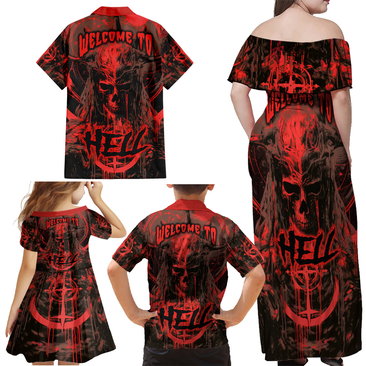 Demon Skull Family Matching Off Shoulder Maxi Dress and Hawaiian Shirt Welcome to Hell - Wonder Print Shop