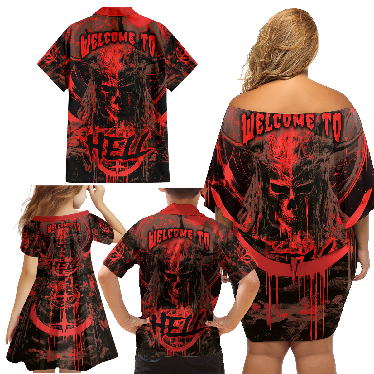 Demon Skull Family Matching Off Shoulder Short Dress and Hawaiian Shirt Welcome to Hell - Wonder Print Shop