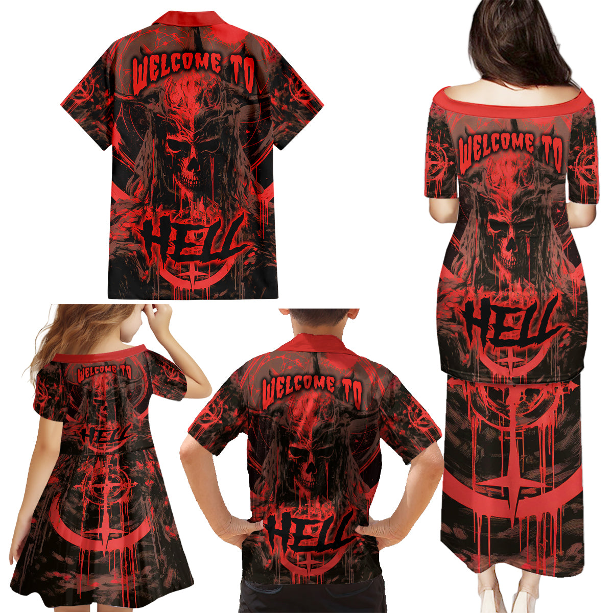 Demon Skull Family Matching Puletasi Dress and Hawaiian Shirt Welcome to Hell - Wonder Print Shop