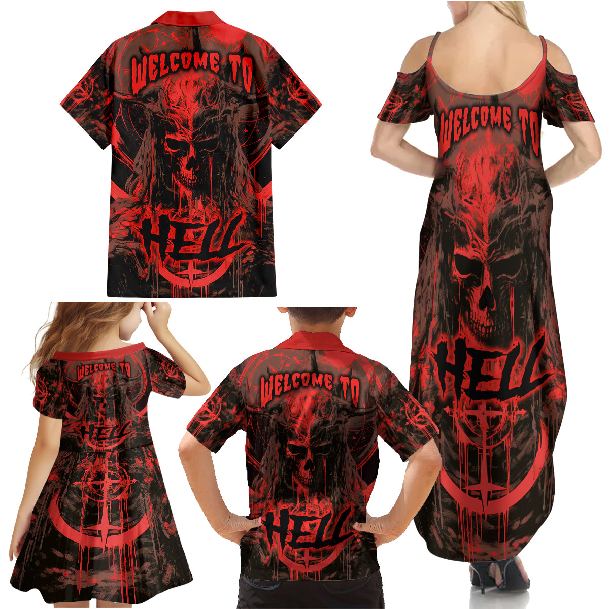 Demon Skull Family Matching Summer Maxi Dress and Hawaiian Shirt Welcome to Hell - Wonder Print Shop