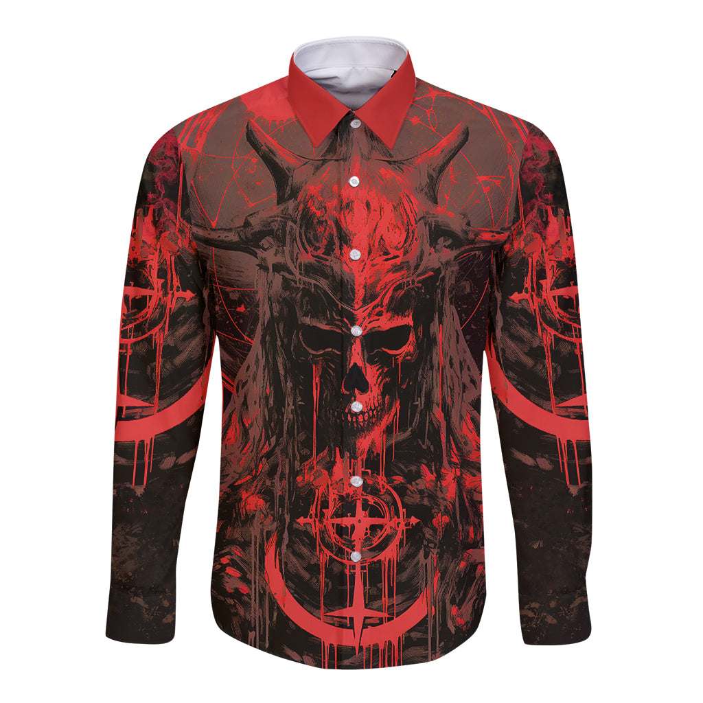 Front view long sleeve button-up shirt in red and black with skull graphic