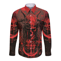 Front view long sleeve button-up shirt in red and black with skull graphic