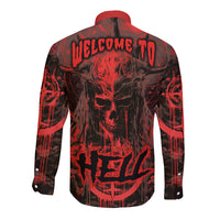 Back view long sleeve button-up shirt in red and black with skull graphic