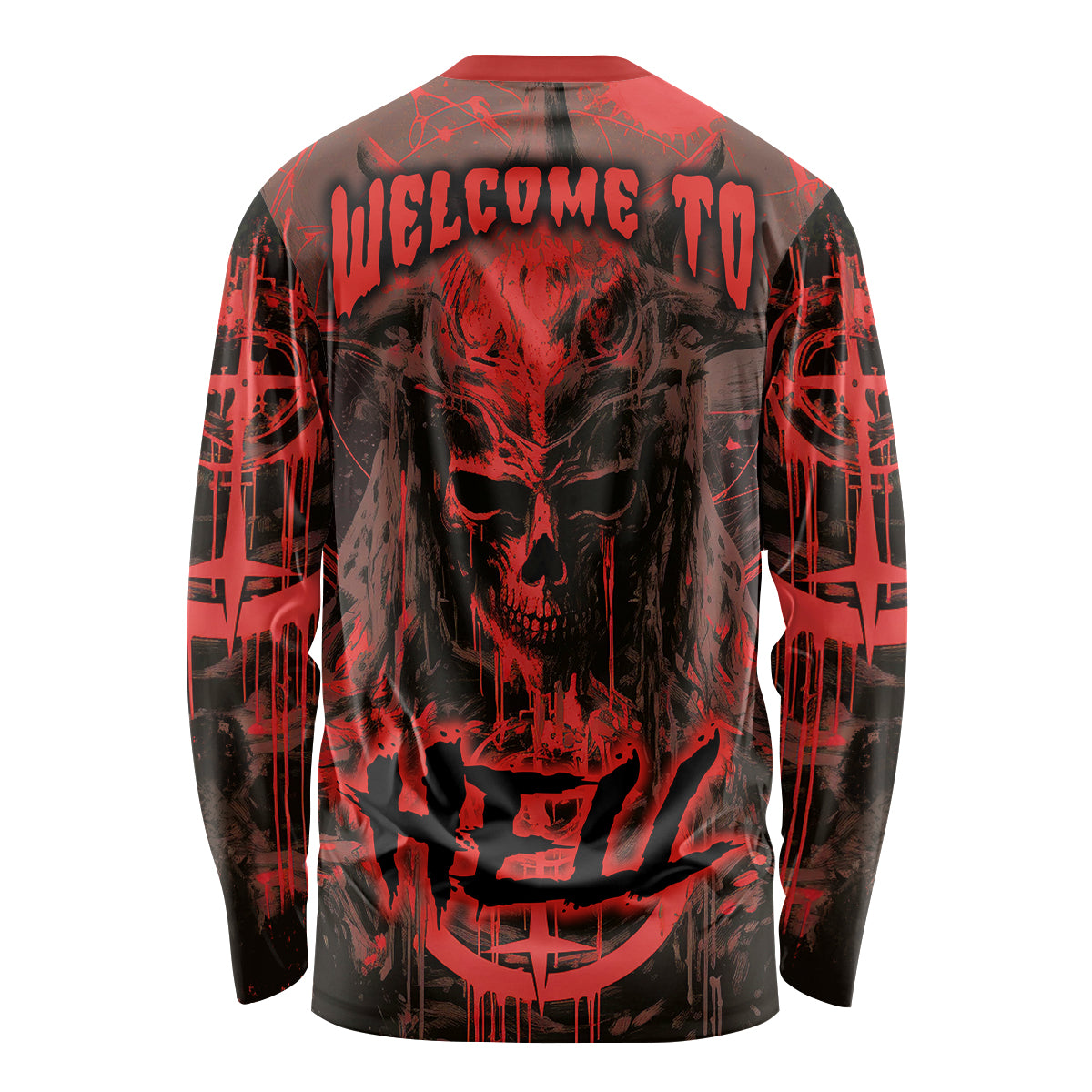Red long-sleeve shirt with demon skull graphic on back