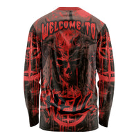 Red long-sleeve shirt with demon skull graphic on back