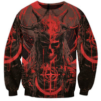Unisex crewneck sweatshirt with red demon skull print and abstract city lines