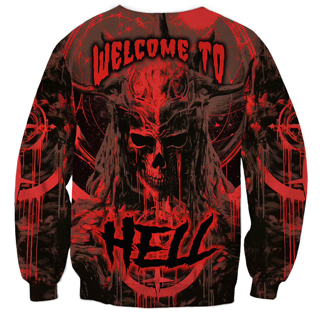 Unisex red-and-black graphic sweatshirt with demon skull front and long sleeves