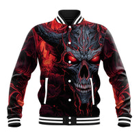 Unisex red and black baseball jacket with front demon skull graphic, snap buttons