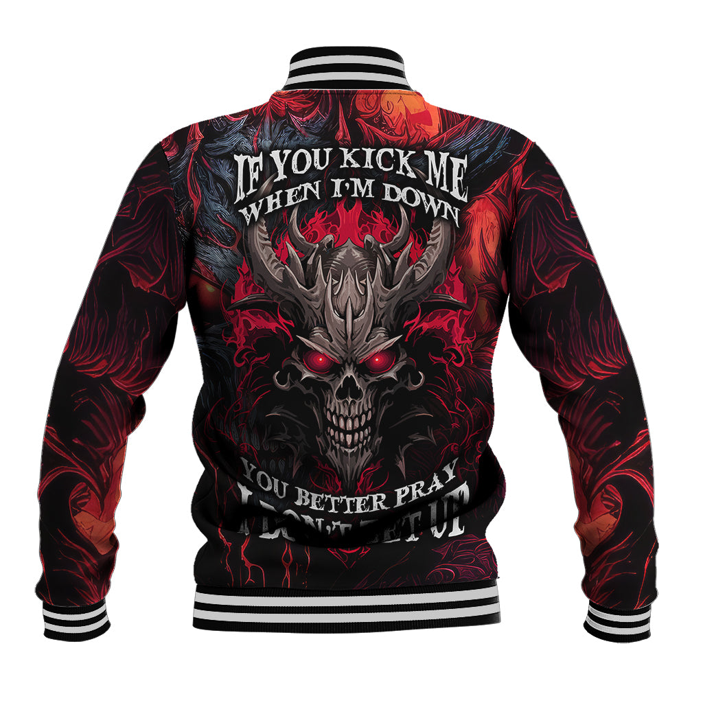 Unisex red and black baseball jacket with back demon skull and text graphic, striped collar
