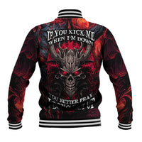 Unisex red and black baseball jacket with back demon skull and text graphic, striped collar