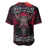 Red and black baseball jersey with demon skull back print and 'IF YOU KICK ME' text