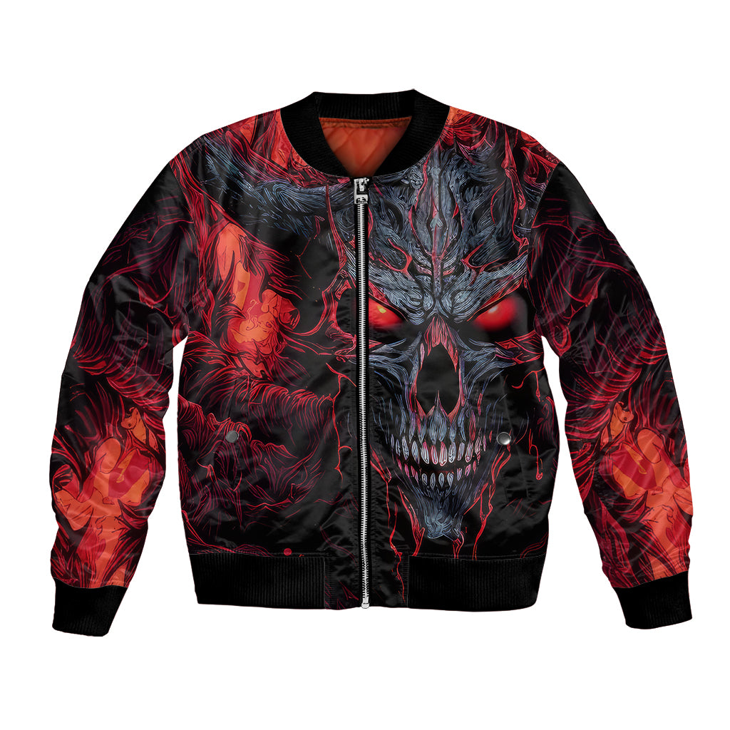 Unisex red-and-black bomber jacket with front zipper and large skull graphic