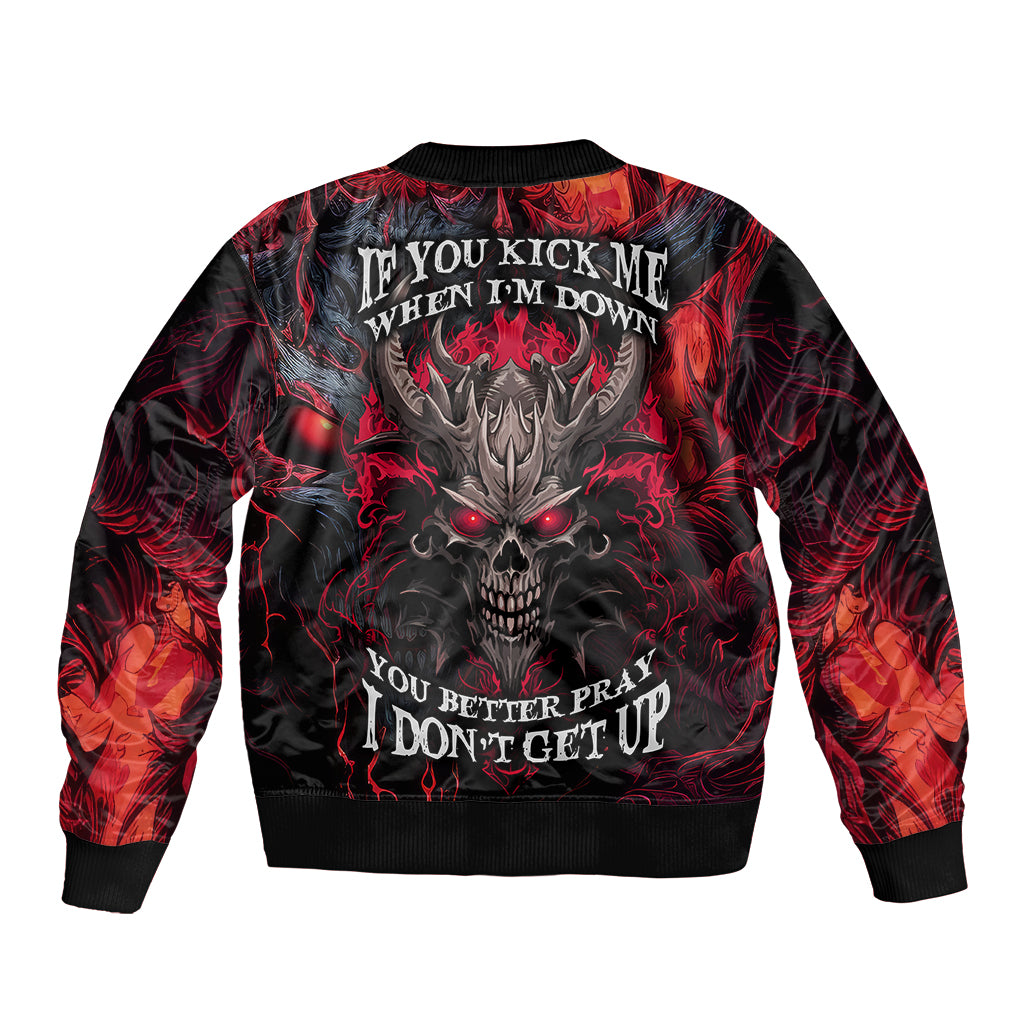 Unisex red-and-black bomber jacket with back skull face graphic and threatening text
