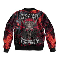 Unisex red-and-black bomber jacket with back skull face graphic and threatening text