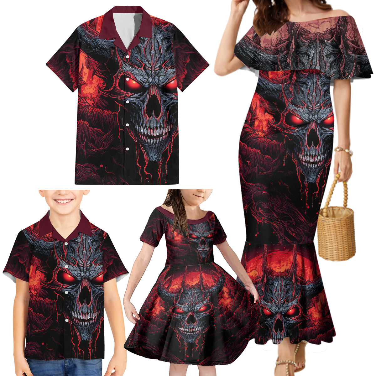 Demon Skull Family Matching Mermaid Dress and Hawaiian Shirt You Better Pray I Don't Get Up - Wonder Print Shop