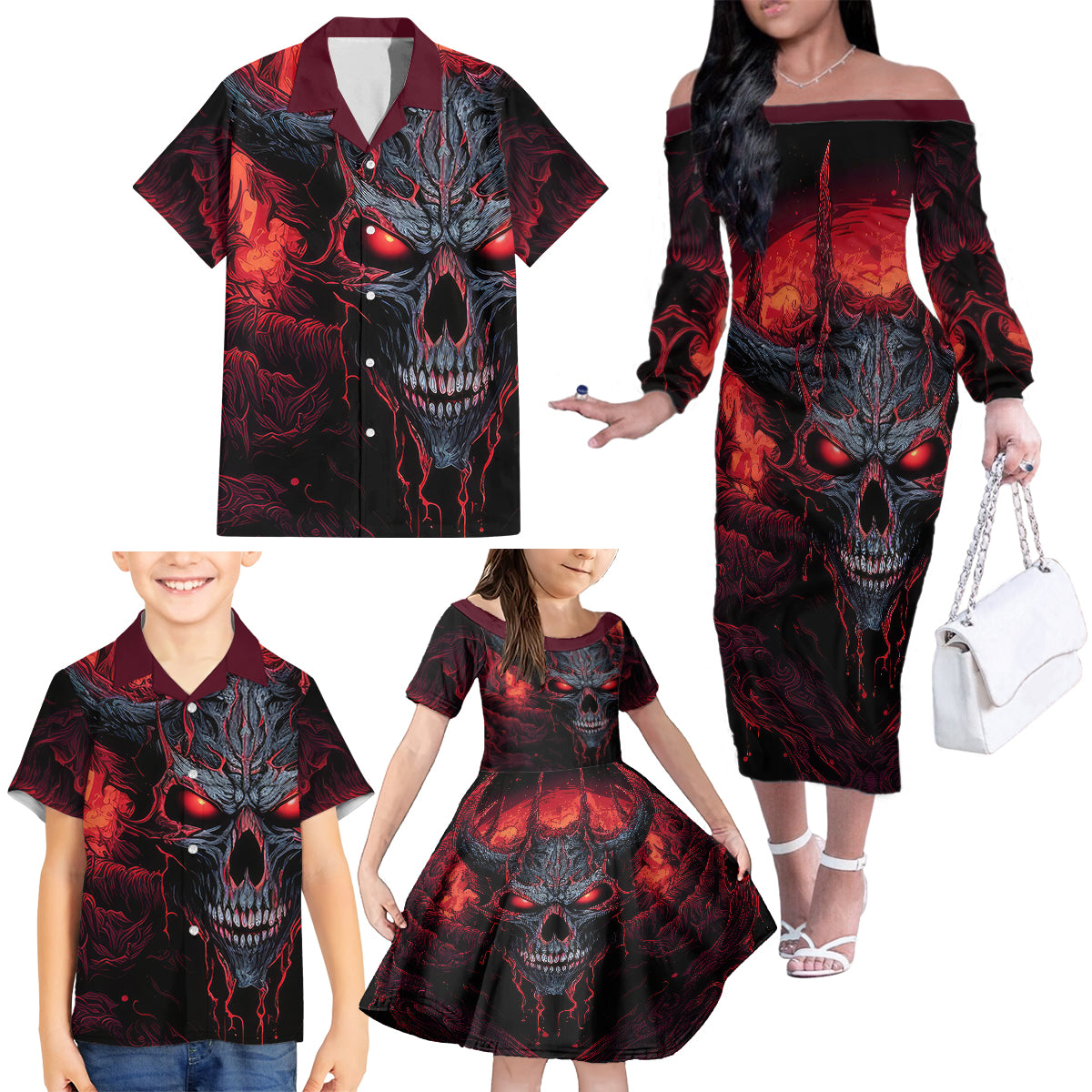 Demon Skull Family Matching Off Shoulder Long Sleeve Dress and Hawaiian Shirt You Better Pray I Don't Get Up - Wonder Print Shop