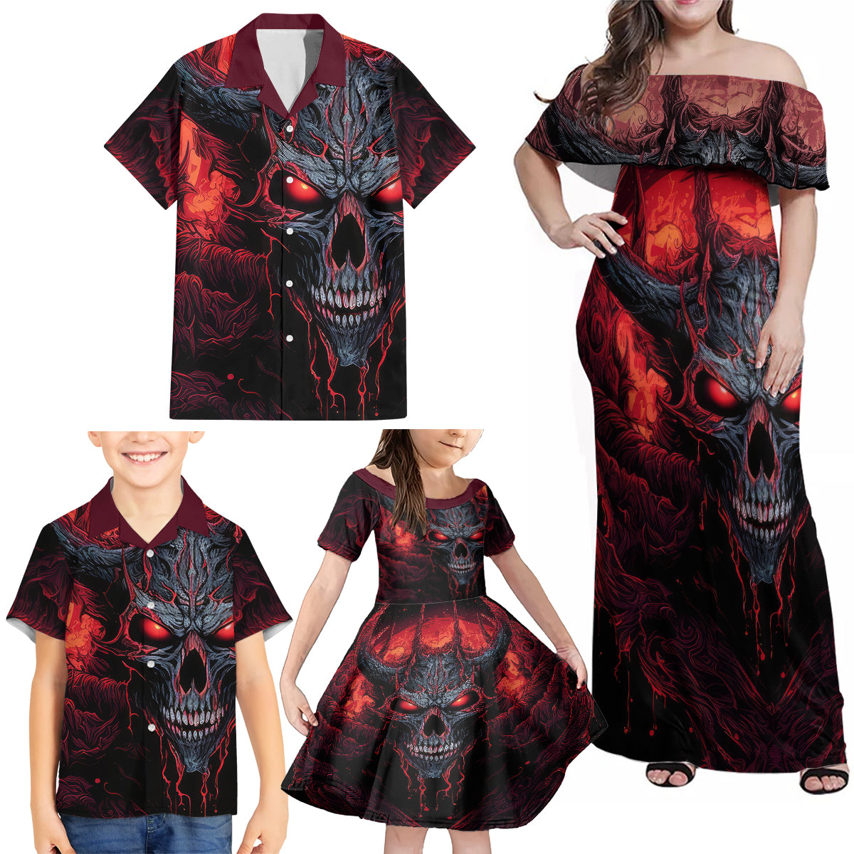 Demon Skull Family Matching Off Shoulder Maxi Dress and Hawaiian Shirt You Better Pray I Don't Get Up - Wonder Print Shop