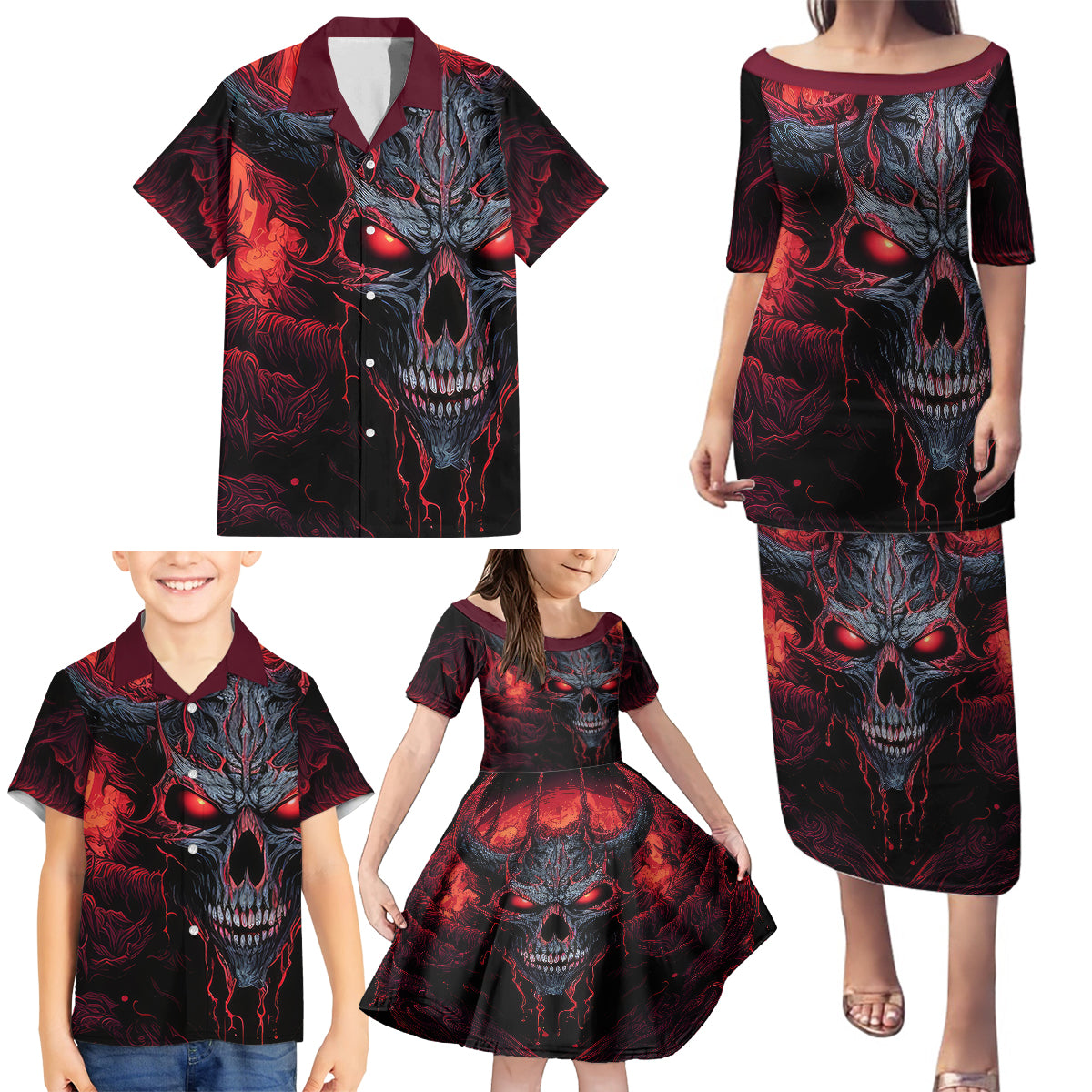 Demon Skull Family Matching Puletasi Dress and Hawaiian Shirt You Better Pray I Don't Get Up - Wonder Print Shop