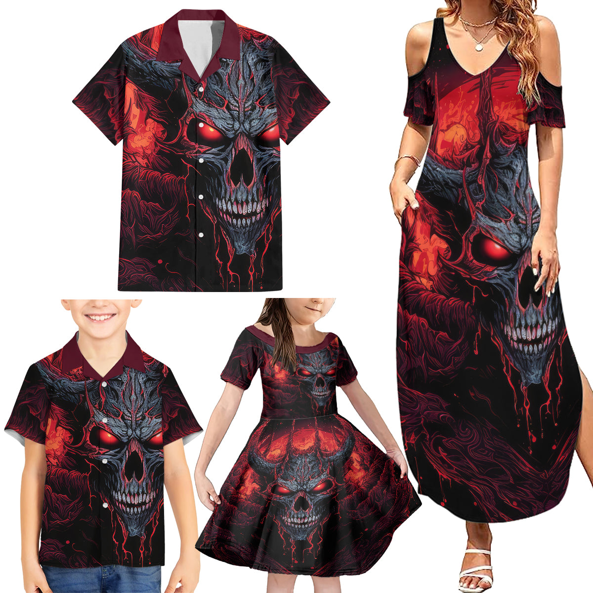 Demon Skull Family Matching Summer Maxi Dress and Hawaiian Shirt You Better Pray I Don't Get Up - Wonder Print Shop