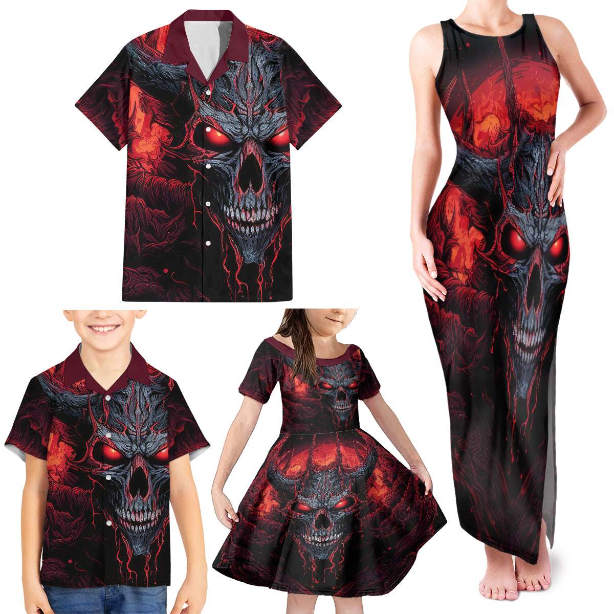 Demon Skull Family Matching Tank Maxi Dress and Hawaiian Shirt You Better Pray I Don't Get Up - Wonder Print Shop