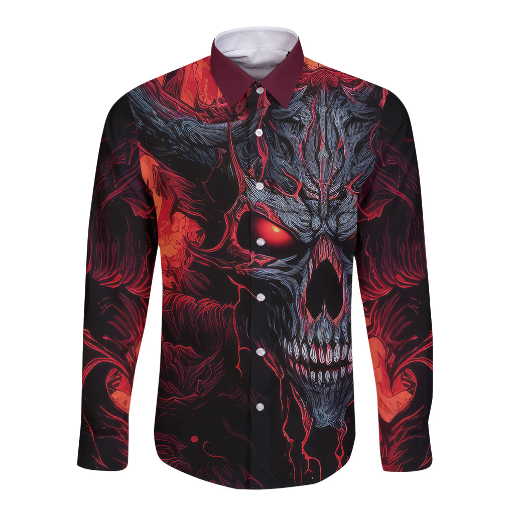 Unisex red and black long sleeve button shirt with demon skull front graphic