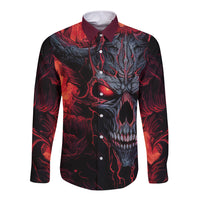 Unisex red and black long sleeve button shirt with demon skull front graphic