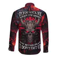 Unisex red and black long sleeve button shirt with back demon skull and text