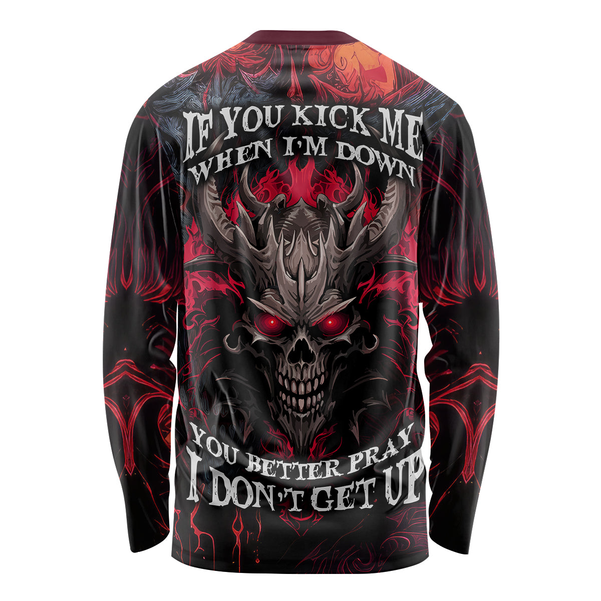 Black long-sleeve demon skull shirt with red wings and pray message on back
