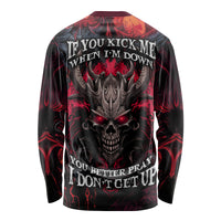 Black long-sleeve demon skull shirt with red wings and pray message on back