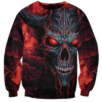 Red and black unisex crewneck sweatshirt with demon skull graphic on front