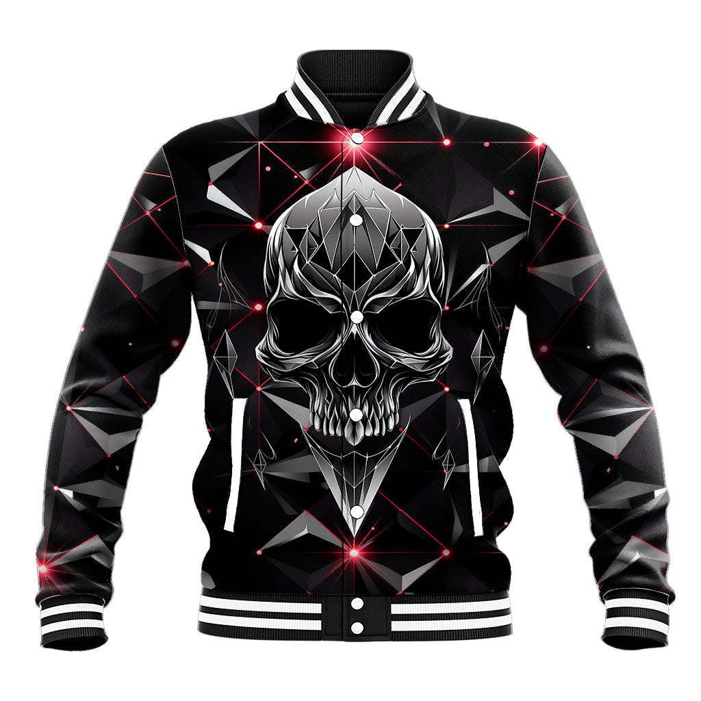 Black baseball jacket with diamond skull front graphic, snap button placket, striped cuffs
