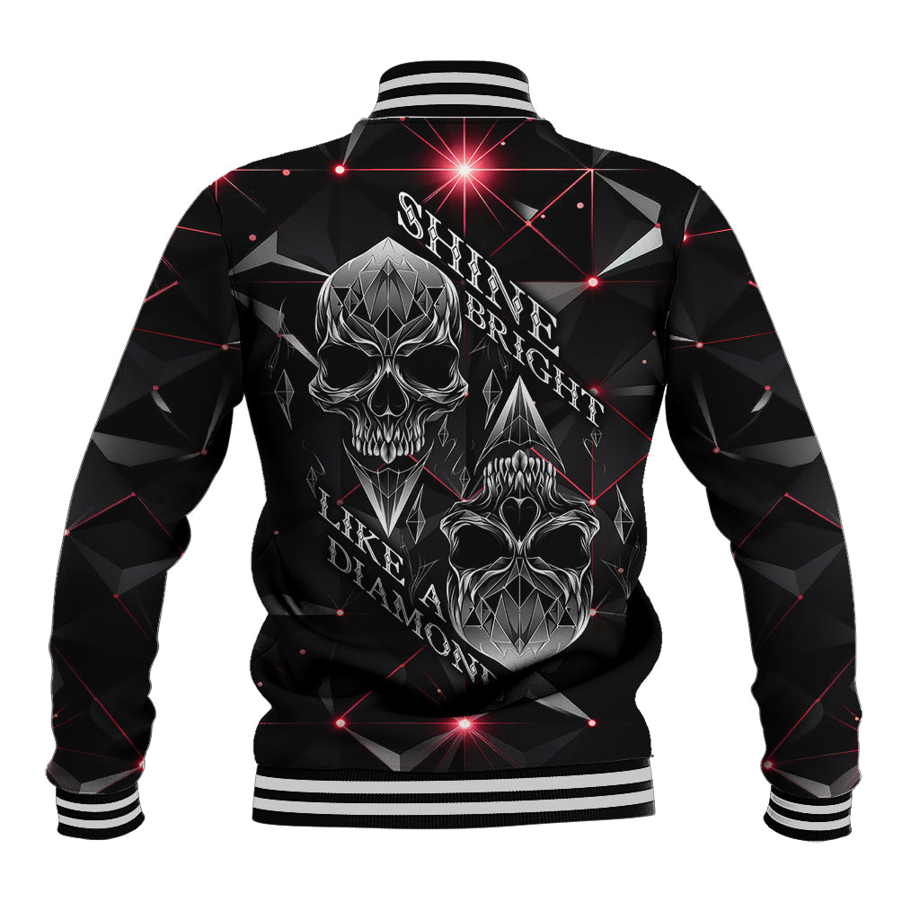 Black baseball jacket with diamond skull back print, striped ribbed collar and cuffs