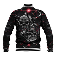 Black baseball jacket with diamond skull back print, striped ribbed collar and cuffs