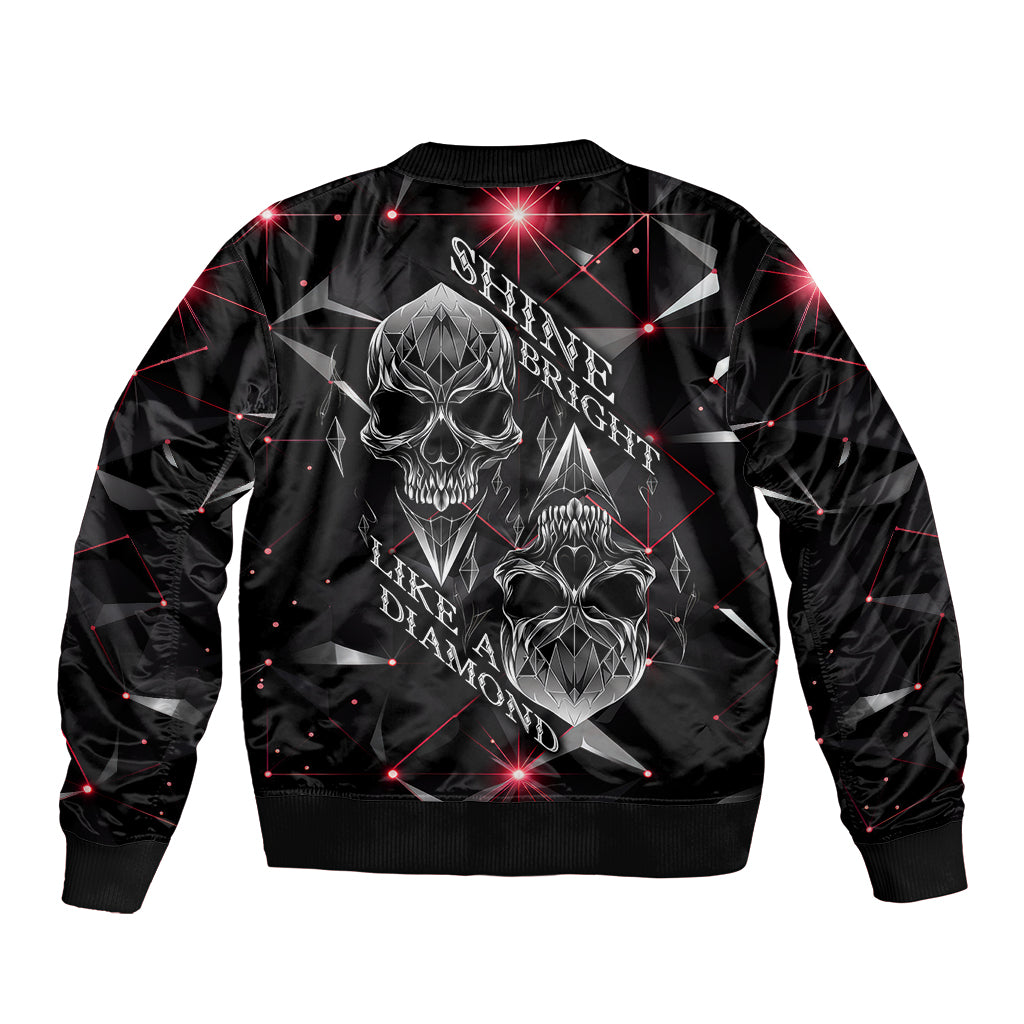 Black bomber jacket with large diamond skull graphic on back, ribbed hem and cuffs