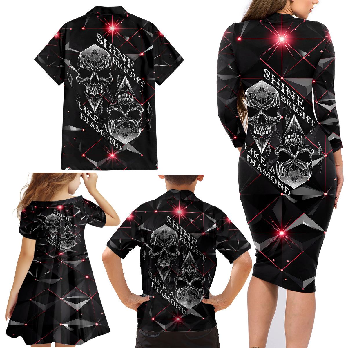 Diamond Skull Family Matching Long Sleeve Bodycon Dress and Hawaiian Shirt Shine Bright Like Diamond - Wonder Print Shop