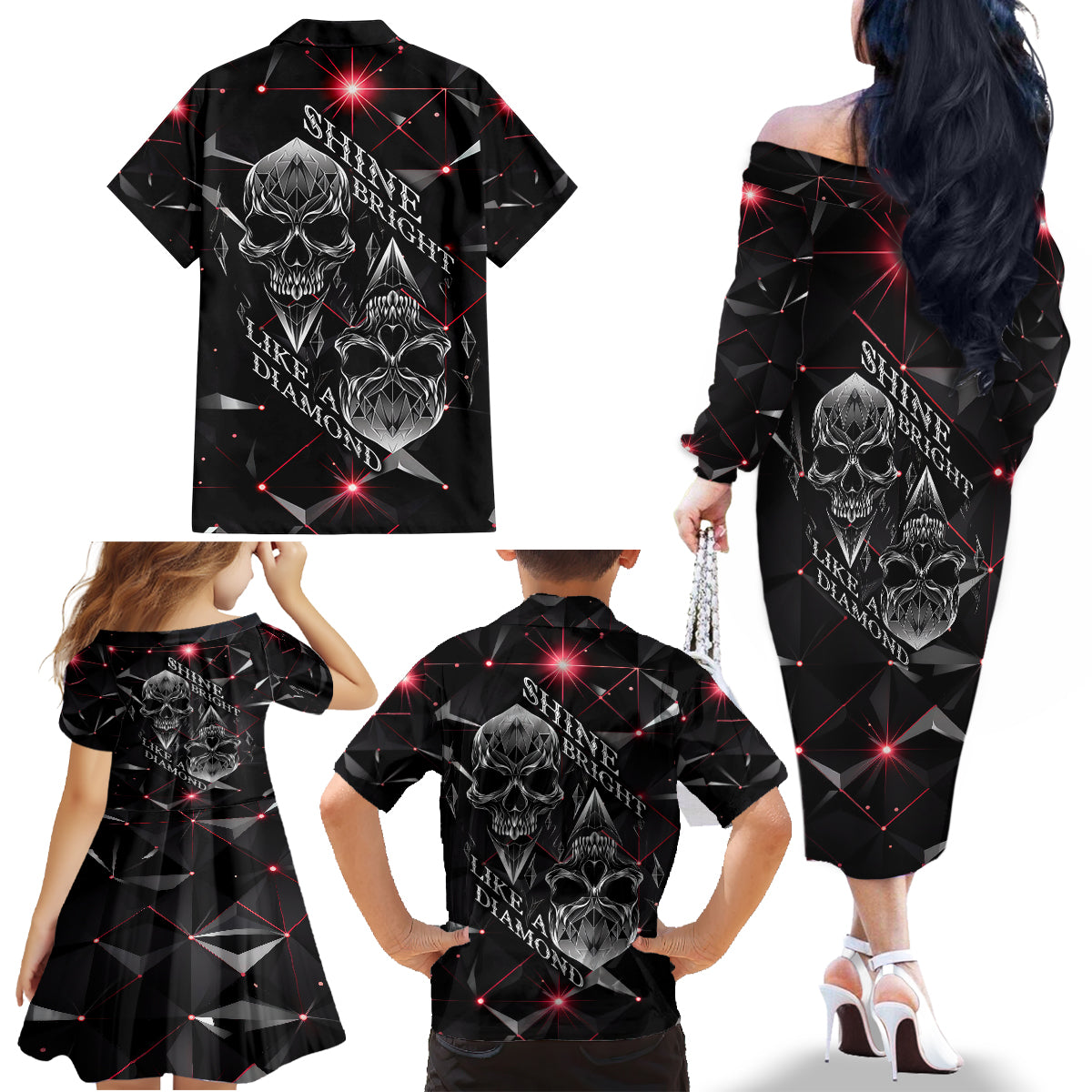 Diamond Skull Family Matching Off Shoulder Long Sleeve Dress and Hawaiian Shirt Shine Bright Like Diamond - Wonder Print Shop