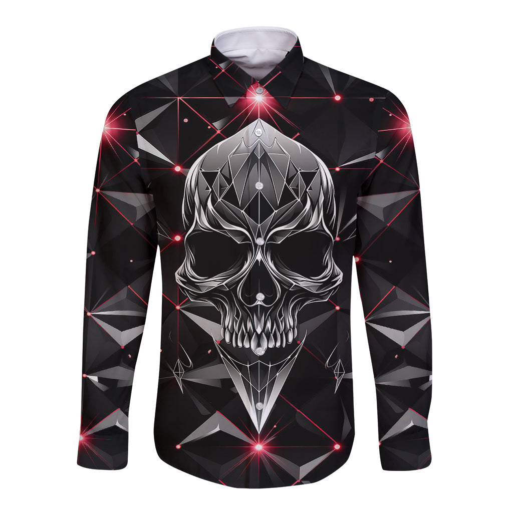 Black long sleeve button shirt with front skull and geometric diamond pattern