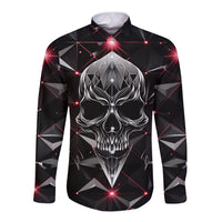 Black long sleeve button shirt with front skull and geometric diamond pattern