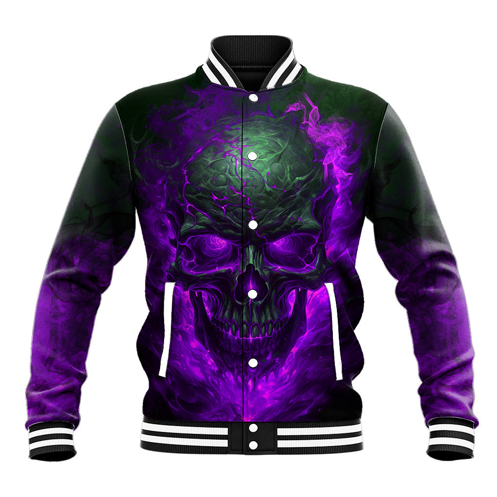 Unisex purple skull button baseball jacket, black-and-white striped hem and sleeves