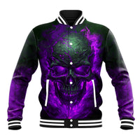 Unisex purple skull button baseball jacket, black-and-white striped hem and sleeves
