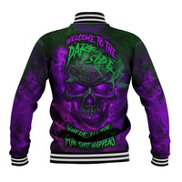 Unisex purple skull graphic baseball jacket, striped ribbed collar and cuffs